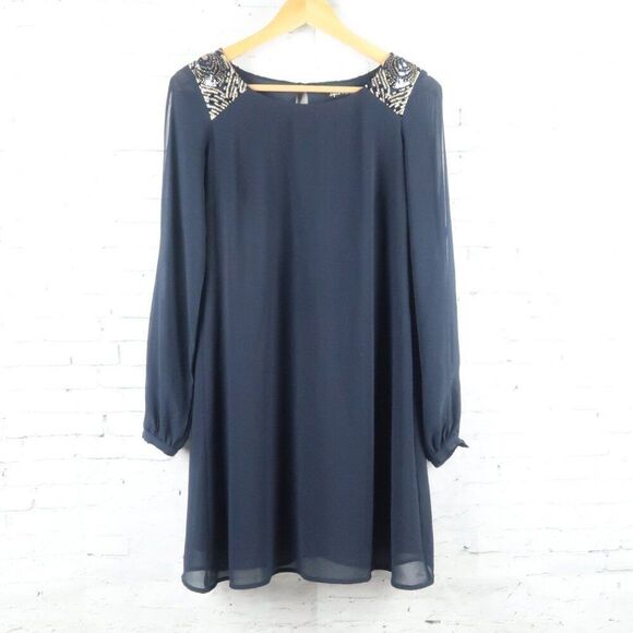 SEQUIN HEARTS BLUE WITH SEQUIN DETAIL LONG SHEER SLEEVE WITH CUTOUT FLOWY DRESS - Picture 1 of 11